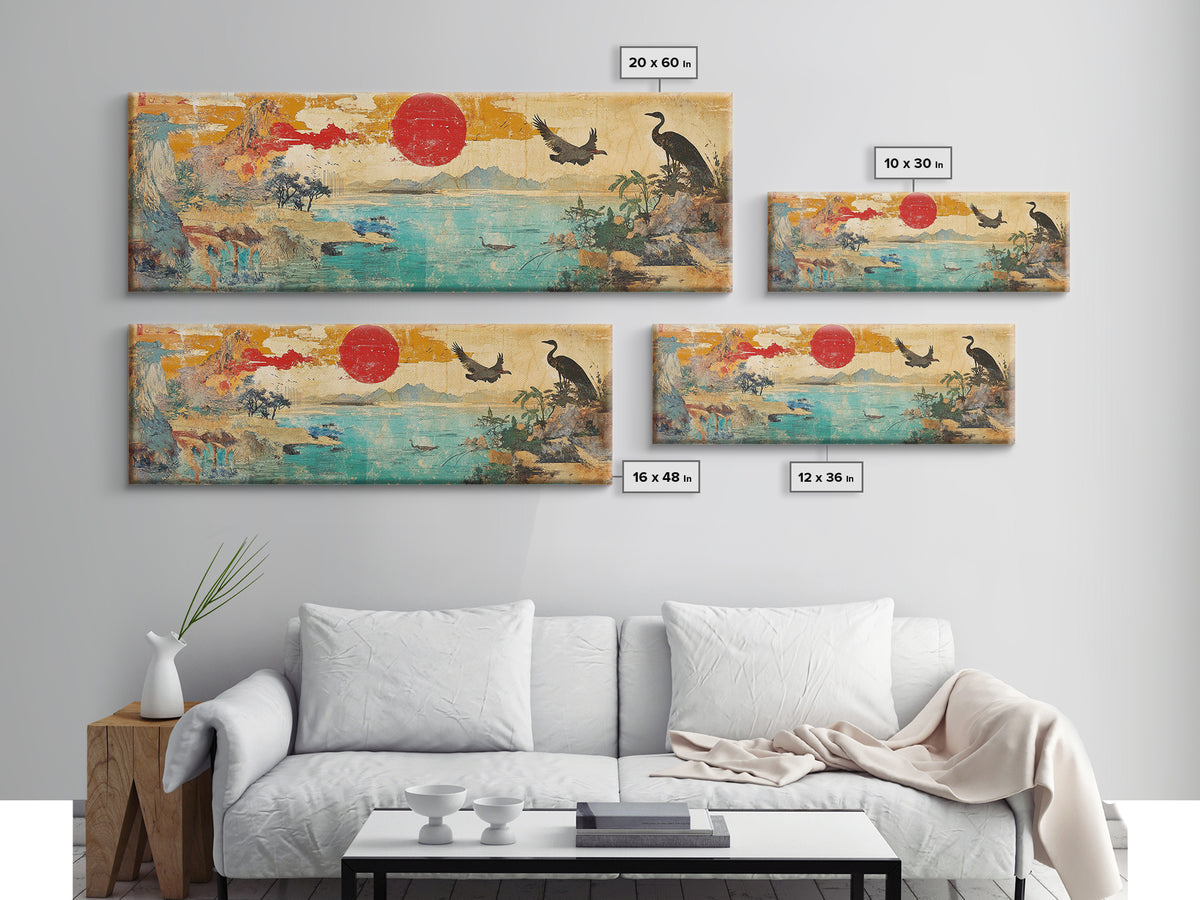 Red Sun Coastal Crane And Deer Wall Art, Panoramic Canvas Print, Japanese Landscape, Bird Wildlife Decor For Living Room