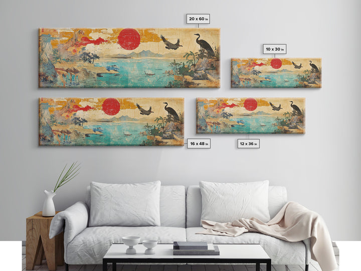 Red Sun Coastal Crane And Deer Wall Art, Panoramic Canvas Print, Japanese Landscape, Bird Wildlife Decor For Living Room