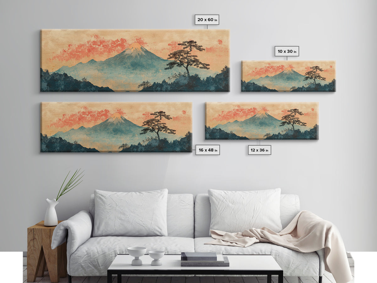 Misty Mount Fuji Pine Tree Wall Art, Long Horizontal Canvas Print, Japanese Landscape, Serene Japandi Nature Living Room Decor