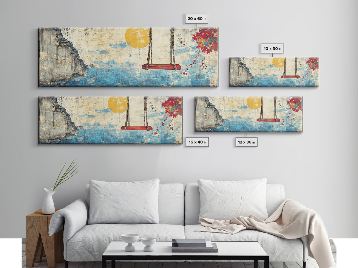 Ocean Cliff Swing Yellow Moon Wall Art, Long Horizontal Canvas Print, Coastal Blue Seascape, Japanese Minimalist Bedroom Decor
