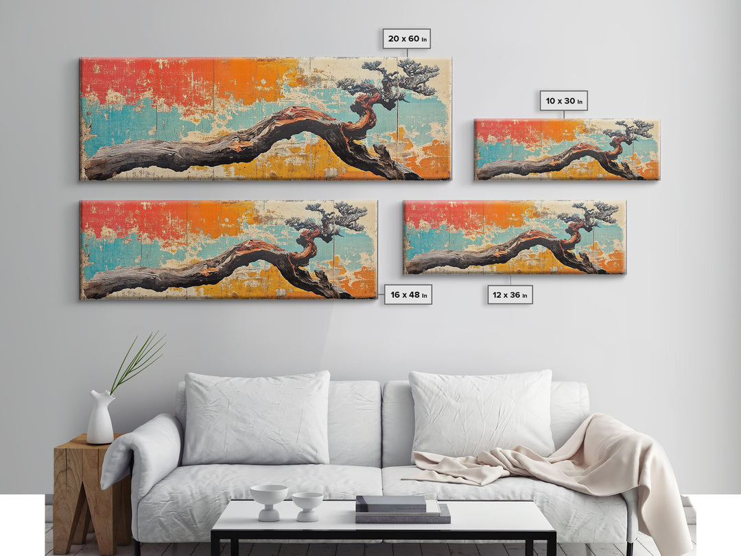 Gnarled Bonsai Tree Branch Wall Art, Japanese Nature Print, Wabi Sabi Decor, Rustic Horizontal Canvas For Modern Living Room