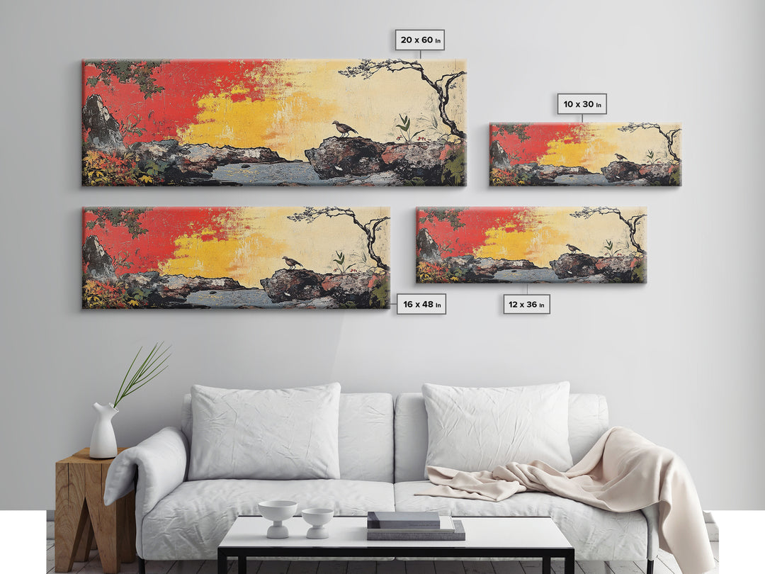 Crow On Rocky Japanese Garden Wall Art, Red Sunset Landscape Print, Asian Inspired Decor, Large Horizontal Canvas For Living Room