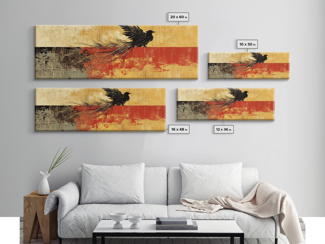 Black Bird In Flight Wall Art, Japanese Raven Print, Red And Gold Abstract Nature Decor, Large Horizontal Canvas For Office