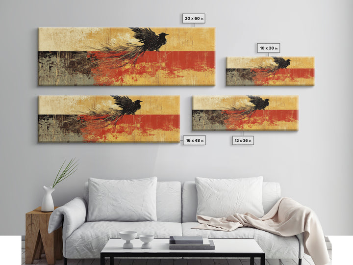 Black Bird In Flight Wall Art, Japanese Raven Print, Red And Gold Abstract Nature Decor, Large Horizontal Canvas For Office
