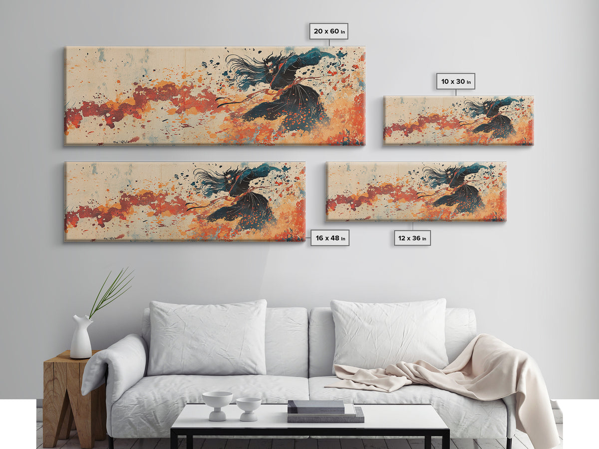 Flowing Black Dancer Abstract Wall Art, Feminine Figure Print, Orange Motion Decor, Contemporary Canvas For Bedroom Or Living Room