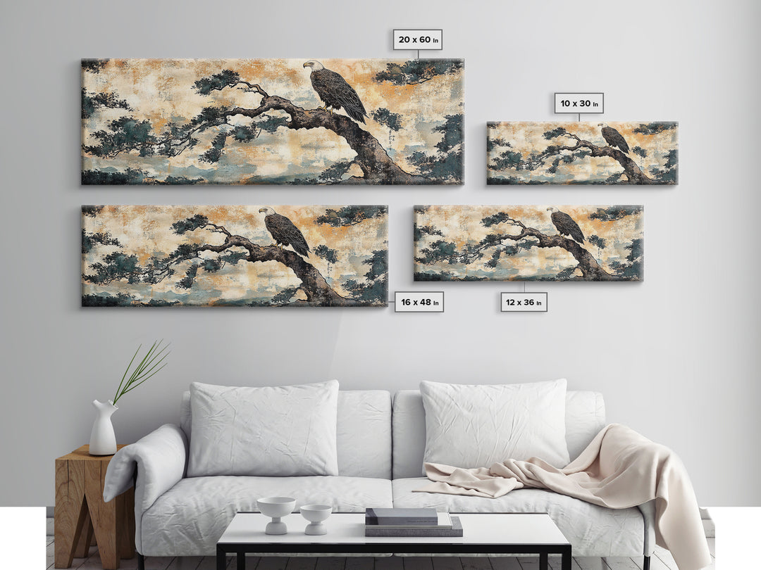 Eagle Pine Branch Wall Art, Japanese Bird Print, Panoramic Wildlife Canvas, Nature Inspired Decor, Office Living Room Art