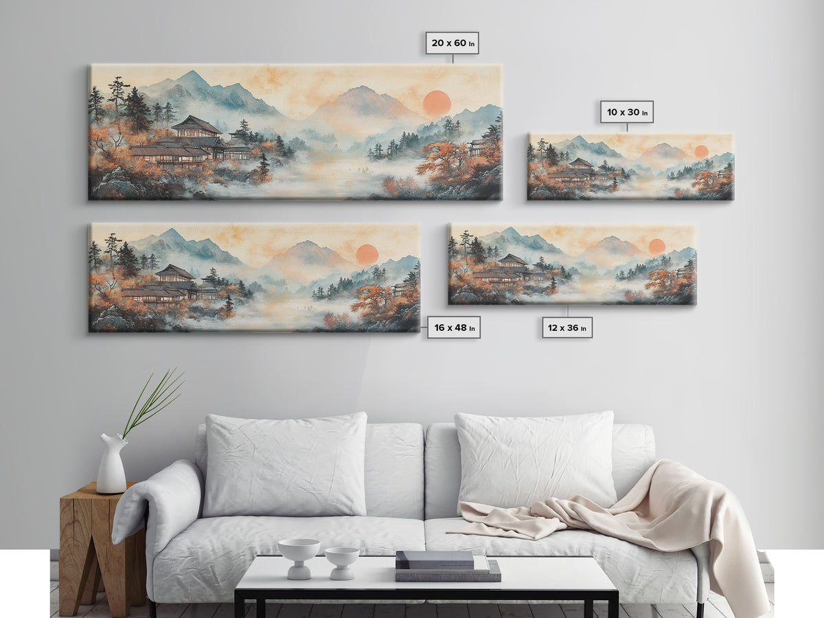 Misty Mountain Temple Framed Canvas Print, Japanese Landscape Art, Zen Lake Wall Decor, Panoramic Living Room Decor Gift