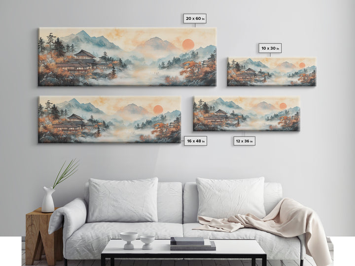 Misty Mountain Temple Framed Canvas Print, Japanese Landscape Art, Zen Lake Wall Decor, Panoramic Living Room Decor Gift