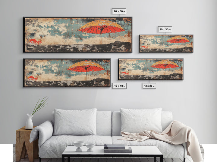 Red Umbrella Seascape Wall Art, Japanese Coastal Print, Minimalist Canvas, Beach House Decor, Asian Living Room Decor Gift