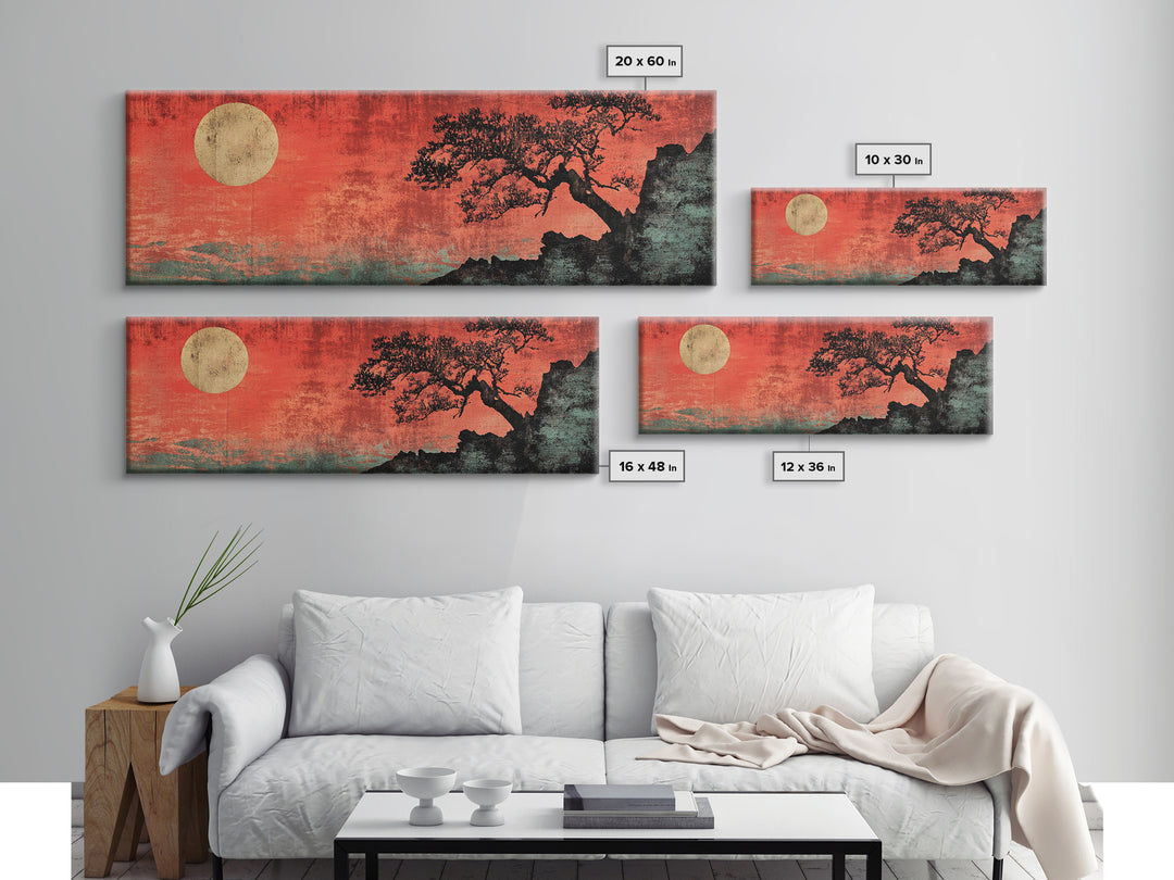 Red Moon Bonsai Silhouette Framed Canvas Print, Japanese Zen Landscape, Moody Wall Art, Asian Decor For Living Room Decor