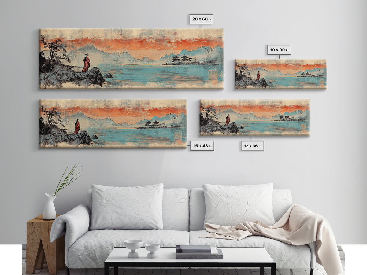 Geisha By Lake Wall Art, Japanese Sunset Landscape Print, Pagoda Canvas, Asian Home Decor, Panoramic Living Room Art Gift
