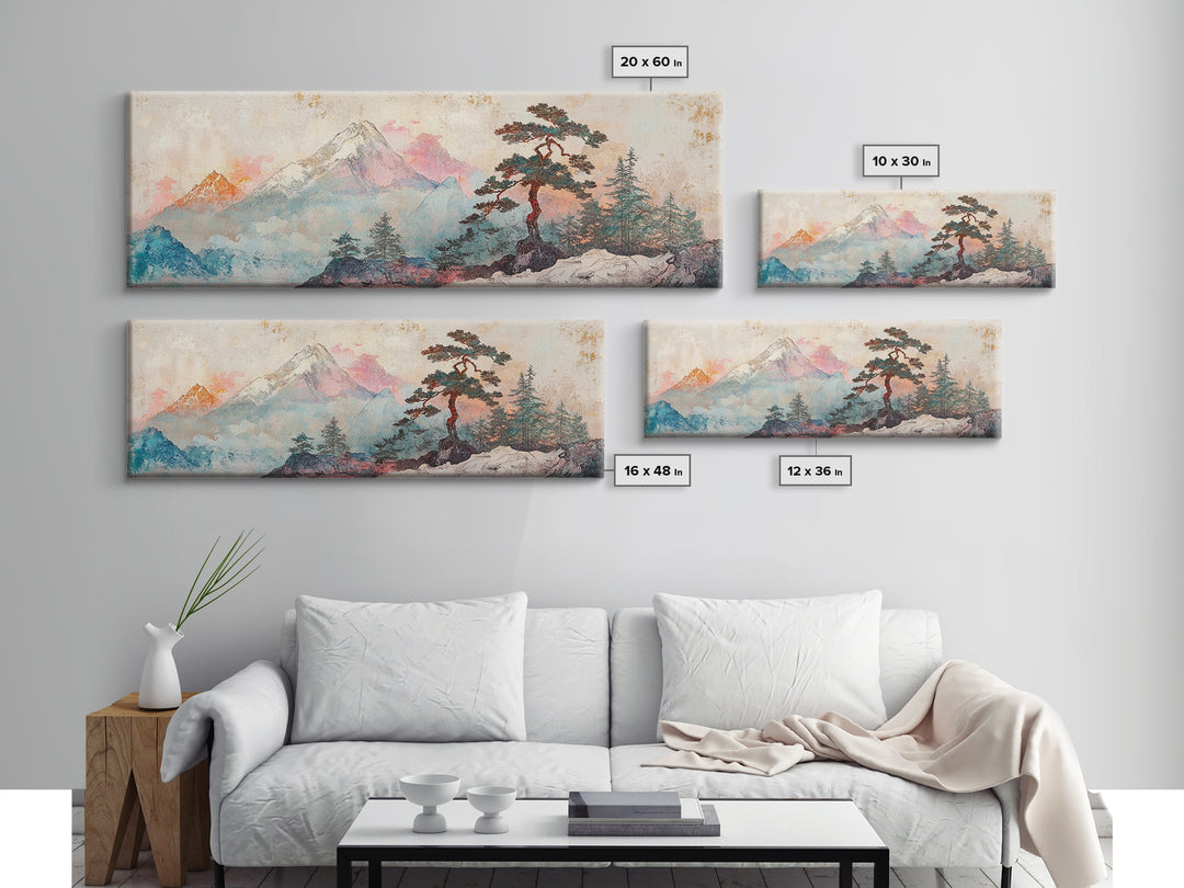 Snowy Mount Fuji Pine Canvas Print, Japanese Mountain Landscape, Winter Wall Art, Zen Nature Decor, Above Sofa Wall Decor