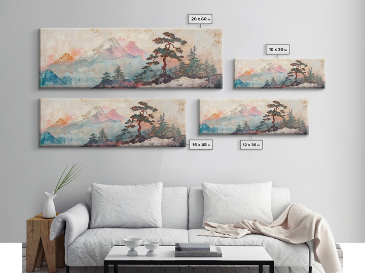 Snowy Mount Fuji Pine Canvas Print, Japanese Mountain Landscape, Winter Wall Art, Zen Nature Decor, Above Sofa Wall Decor