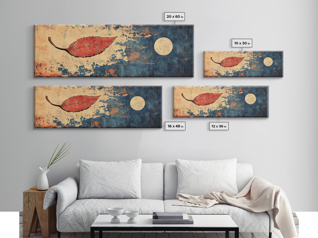 Red Autumn Leaf Wall Art, Japanese Minimalist Print, Navy Blue Canvas, Nature Inspired Decor, Modern Asian Home Decor Gift