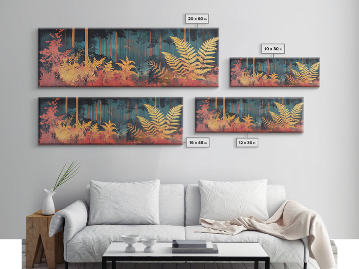 Golden Fern Forest Framed Canvas Print, Japanese Botanical Wall Art, Moody Nature Decor, Panoramic Living Room Artwork Gift