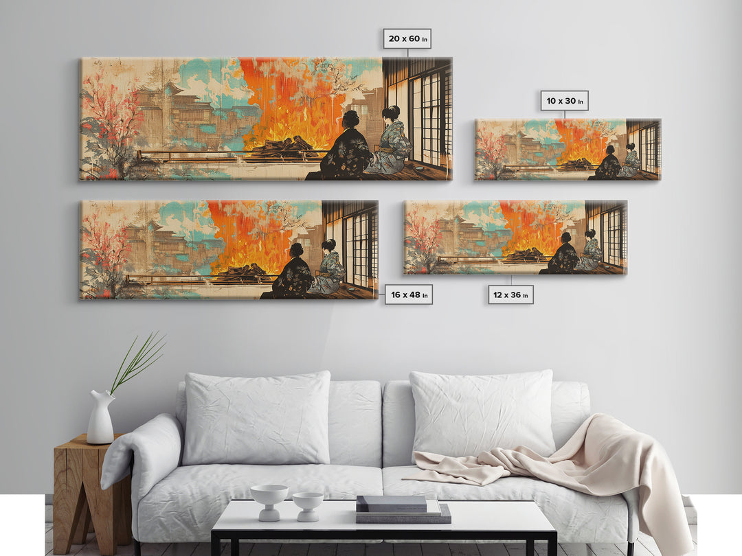 Japanese Tea House Fire Garden Wall Art, Cherry Blossom Pagoda Canvas, Japandi Decor, Asian Landscape, Living Room Art Print