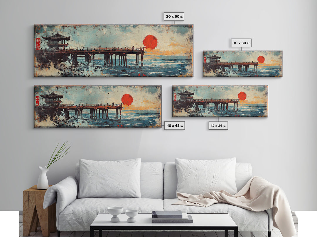 Japanese Pier Red Sun Wall Art, Ocean Waves Canvas Print, Asian Coastal Decor, Pagoda Seascape, Living Room Wall Art Print