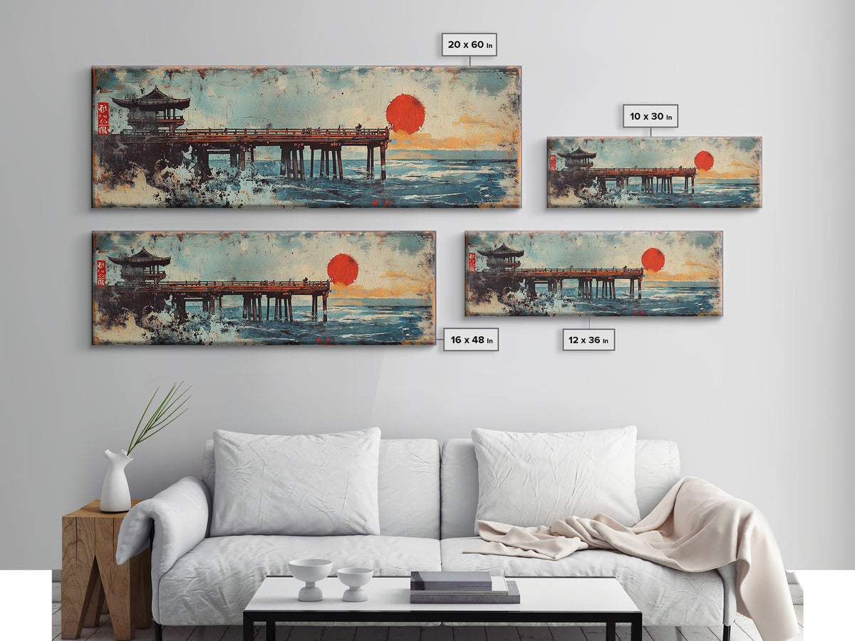 Japanese Pier Red Sun Wall Art, Ocean Waves Canvas Print, Asian Coastal Decor, Pagoda Seascape, Living Room Wall Art Print