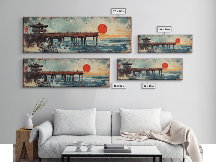 Japanese Pier Red Sun Wall Art, Ocean Waves Canvas Print, Asian Coastal Decor, Pagoda Seascape, Living Room Wall Art Print
