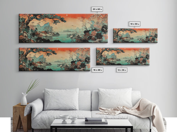 Misty Asian Lake Mountains Wall Art, Red Sunset Landscape Canvas Print, Japandi Decor, Nature Wall Art, Above Bed Decor Print