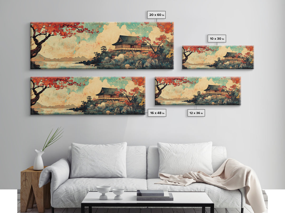 Japanese Temple Red Maple Wall Art, Mount Fuji Lake Canvas Print, Japandi Decor, Asian Landscape, Living Room Wall Art Print