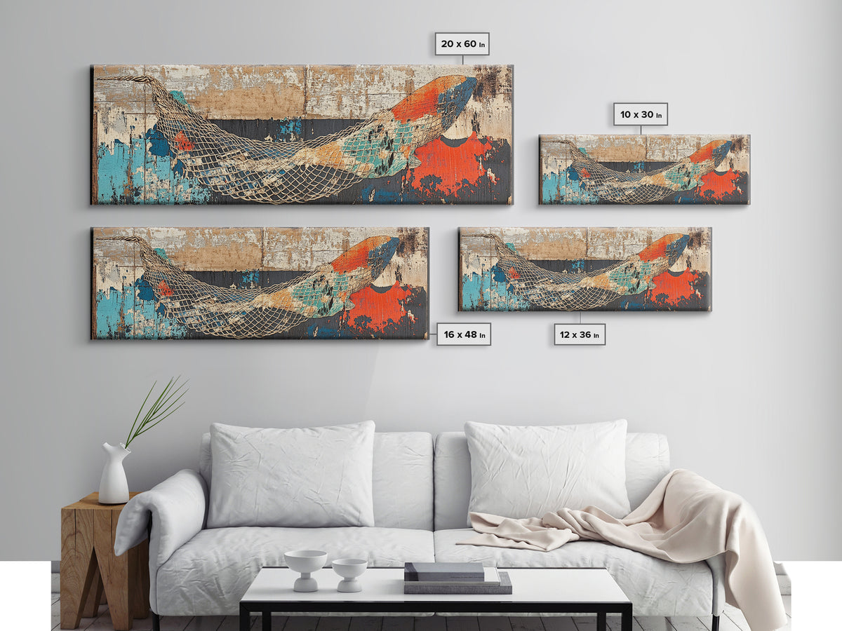 Weathered Fishing Net Wall Art, Coastal Canvas Print, Nautical Decor, Beach House Art, Rustic Seascape, Ocean Wall Decor