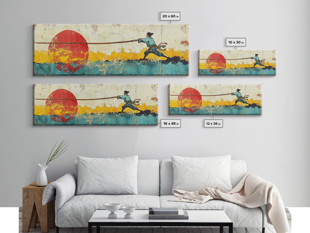 Fisherman Pulling Rope Wall Art, Red Sun Canvas Print, Coastal Landscape, Japanese Inspired Decor, Long Horizontal Art Print