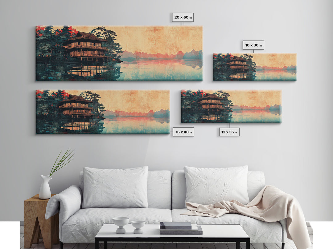 Japanese Pagoda On Misty Lake Wall Art, Panoramic Landscape Print, Asian Inspired Decor, Zen Living Room Wall Decor, Home Decor