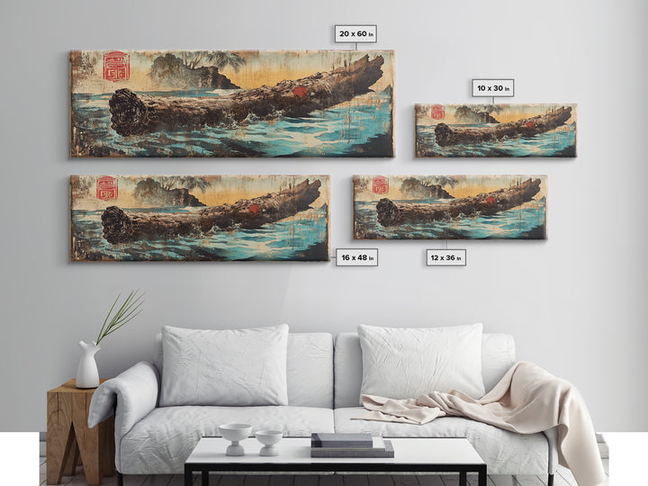 Weathered Driftwood Log On Blue Water Canvas Print, Japanese Nature Art, Rustic Coastal Decor, Zen Landscape Wall Art, Home Decor