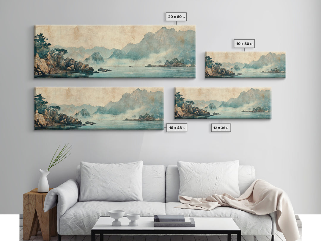 Misty Blue Mountain Lake Wall Art, Japanese Landscape Print, Zen Nature Decor, Panoramic Living Room Wall Decor, Calming Home Decor