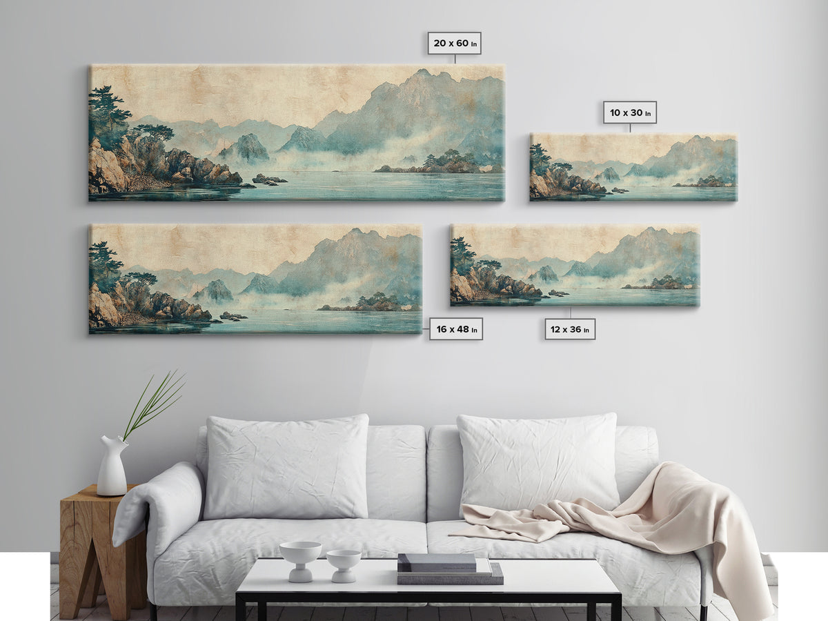 Misty Blue Mountain Lake Wall Art, Japanese Landscape Print, Zen Nature Decor, Panoramic Living Room Wall Decor, Calming Home Decor