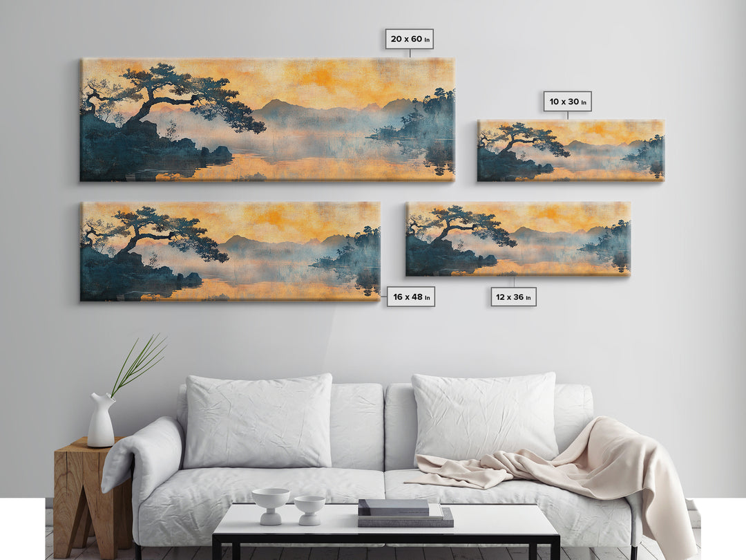 Orange Sunset Pine Lake Canvas Print, Japanese Landscape Wall Art, Moody Nature Decor, Zen Living Room Wall Decor, Warm Home Decor