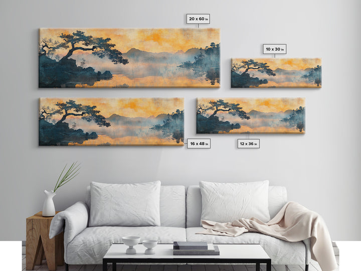 Orange Sunset Pine Lake Canvas Print, Japanese Landscape Wall Art, Moody Nature Decor, Zen Living Room Wall Decor, Warm Home Decor