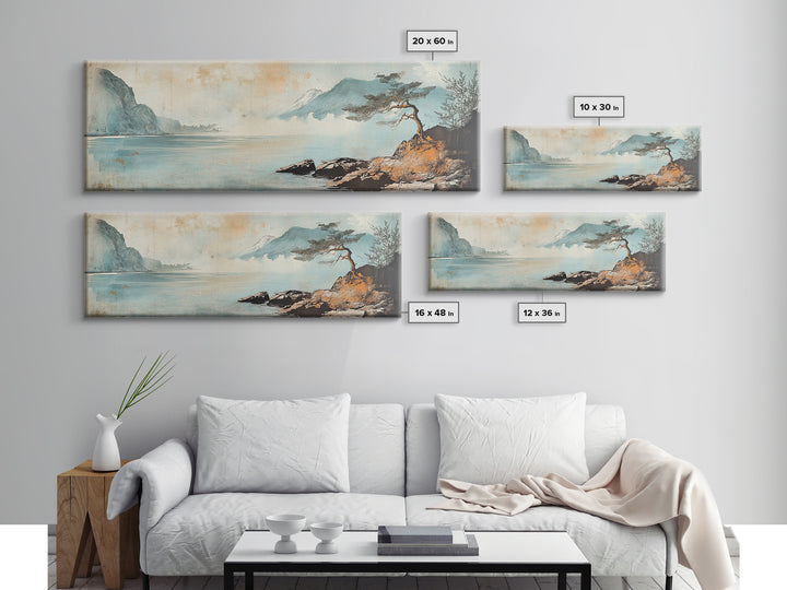 Lone Pine On Quiet Blue Shore Wall Art, Minimalist Japanese Landscape Print, Coastal Zen Decor, Calming Home Decor, Living Room Art