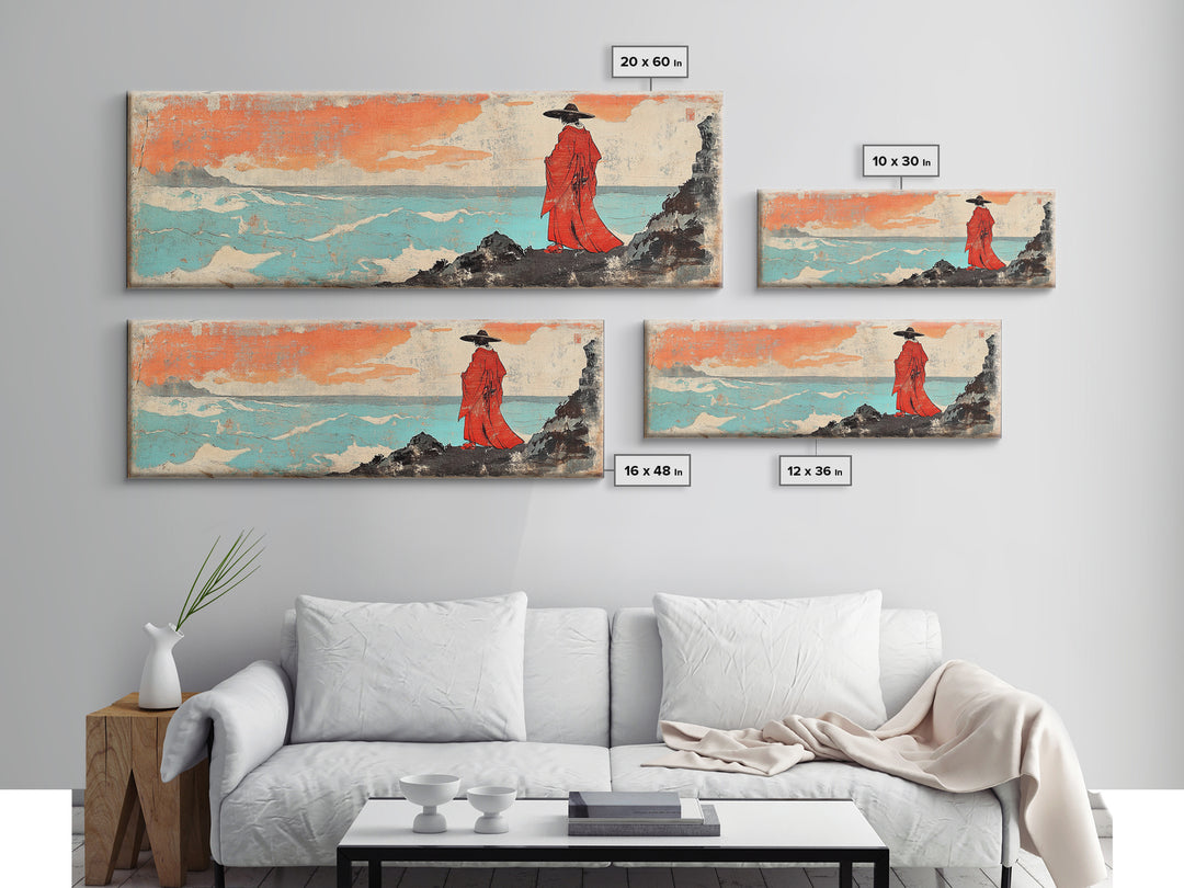 Red Robed Figure By Turquoise Sea Wall Art, Japanese Seascape Print, Coastal Asian Decor, Dramatic Wall Decor, Unique Home Decor