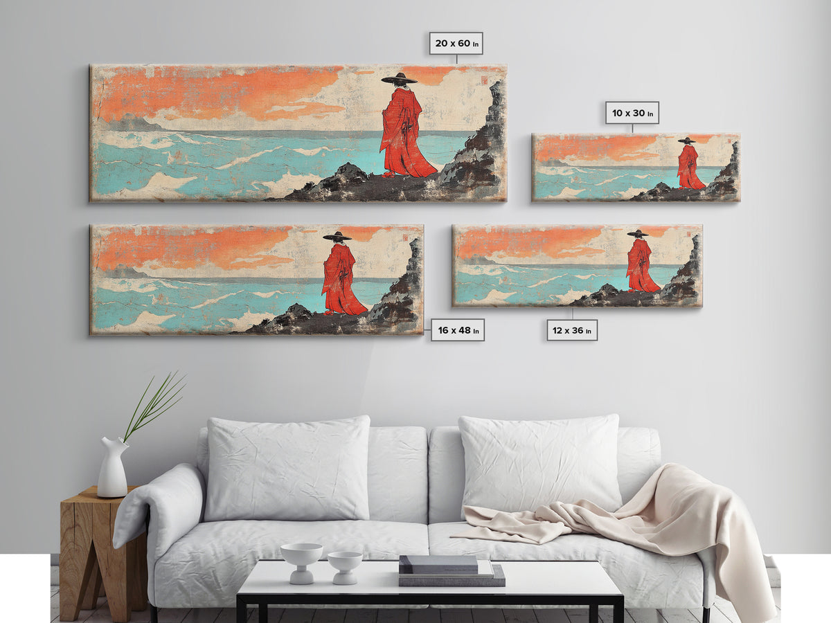 Red Robed Figure By Turquoise Sea Wall Art, Japanese Seascape Print, Coastal Asian Decor, Dramatic Wall Decor, Unique Home Decor