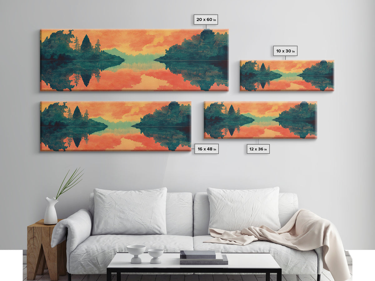 Orange Lake Reflection At Sunset Canvas Print, Forest Landscape Wall Art, Modern Nature Decor, Large Living Room Art, Home Decor