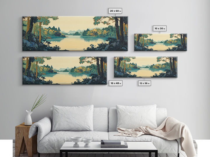 Framed Lake Through Forest Trees Wall Art, Japanese Landscape Print, Scenic Nature Decor, Blue Green Living Room Decor, Home Decor