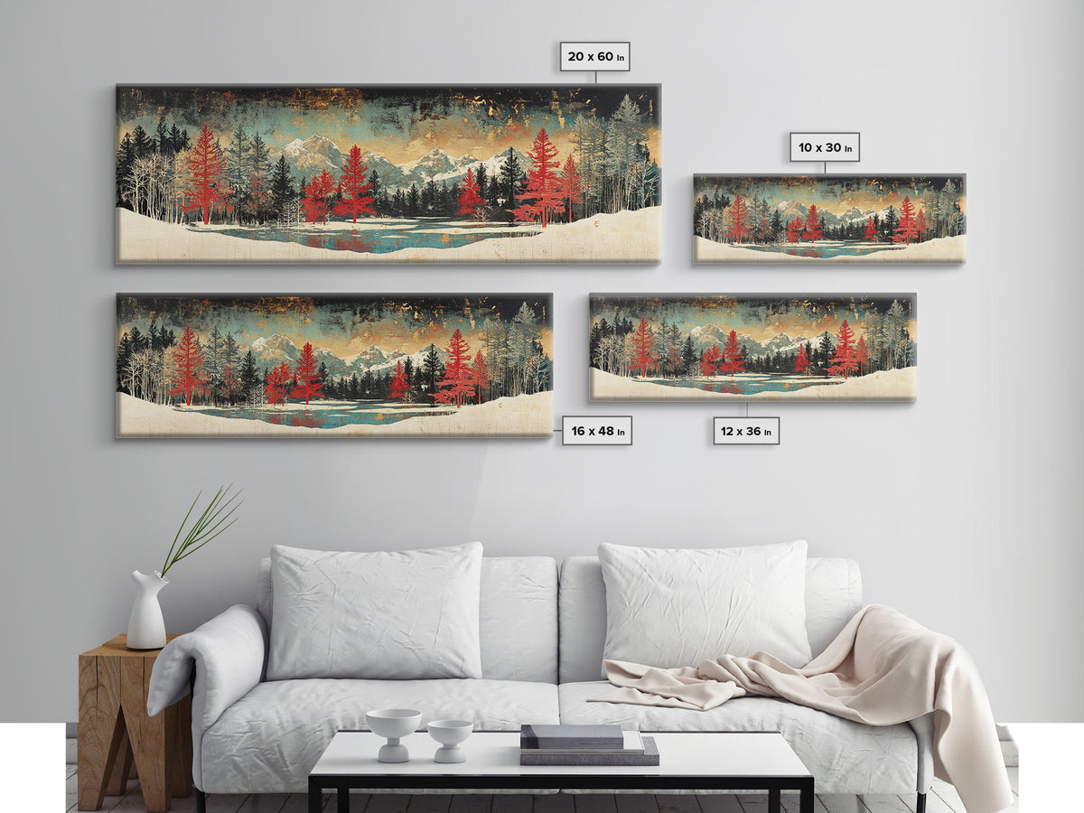 Snowy Mountain Forest With Red Pines Framed Canvas Print, Winter Landscape Wall Art, Rustic Cabin Decor For Living Room Decor