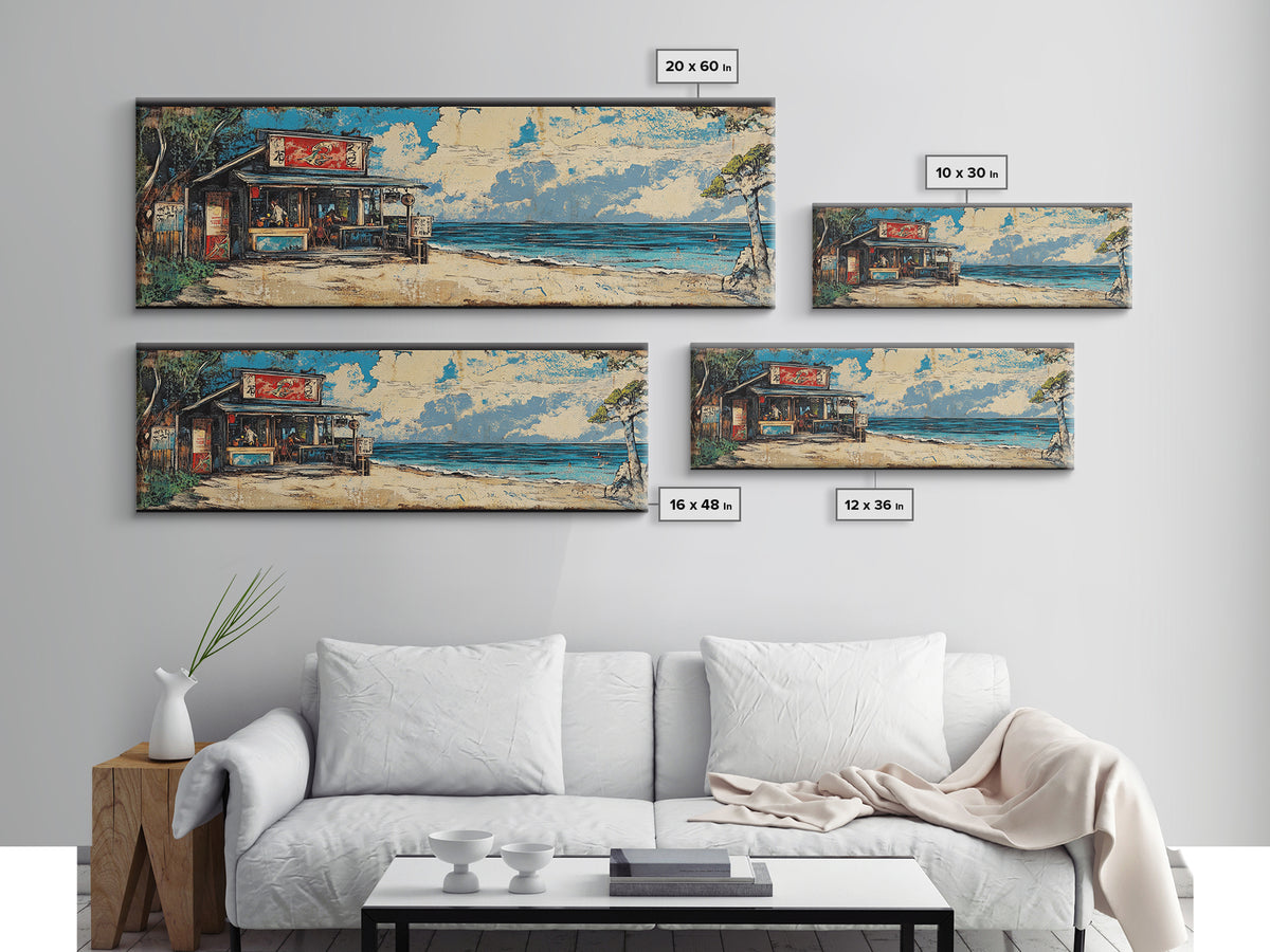 Beachfront Asian Food Shack Wall Art, Tropical Ocean Canvas Print, Coastal Kitchen Decor For Beach House Living Room Decor