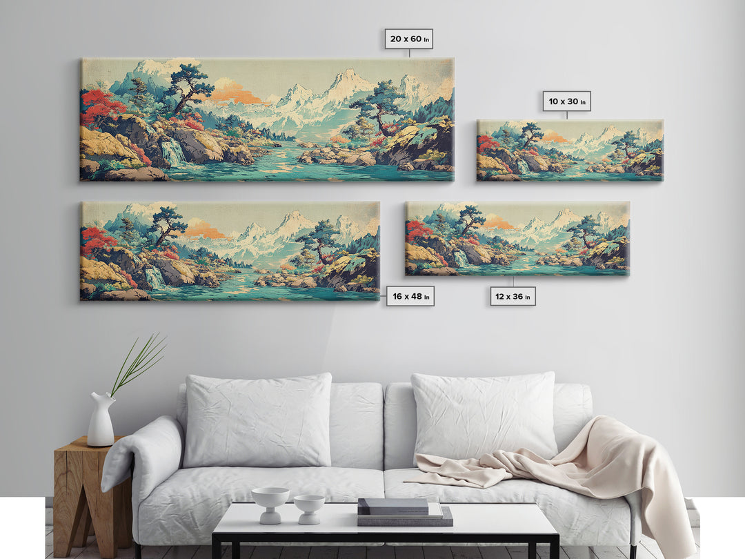 Turquoise River Waterfall And Snowy Pines Framed Canvas Print, Japanese Landscape Art, Mountain Wall Decor, Living Room Decor