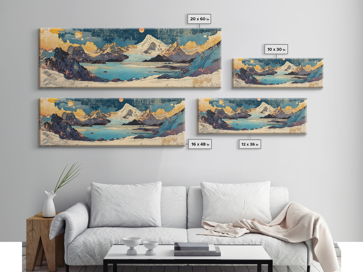 Snowy Peak And Moonlit Lake Canvas Print, Japanese Mountain Landscape, Blue Gold Wall Art, Wide Horizontal Living Room Decor