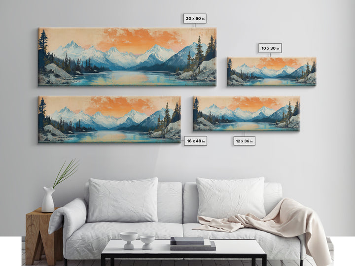 Orange Sunset Alpine Lake Wall Art, Snowy Mountain Landscape Print, Rustic Cabin Decor, Large Horizontal Canvas Home Decor