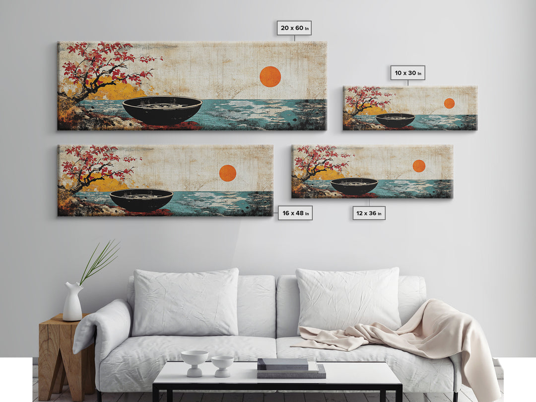 Zen Bowl By Ocean With Red Sun Framed Canvas Print, Japanese Coastal Wall Art, Cherry Blossom Decor, Meditation Room Art