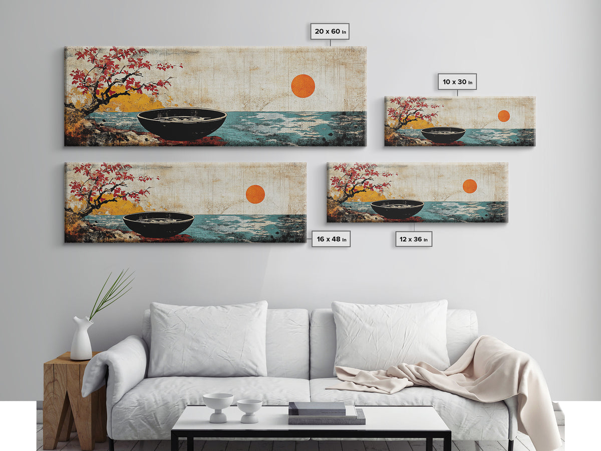 Zen Bowl By Ocean With Red Sun Framed Canvas Print, Japanese Coastal Wall Art, Cherry Blossom Decor, Meditation Room Art