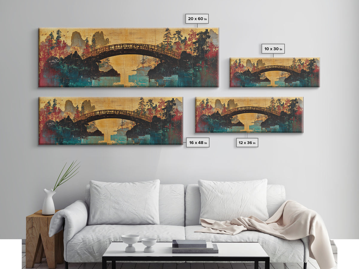 Arched Bridge Over Autumn River Canvas Print, Japanese Garden Landscape, Japandi Wall Art, Tranquil Living Room Wall Decor