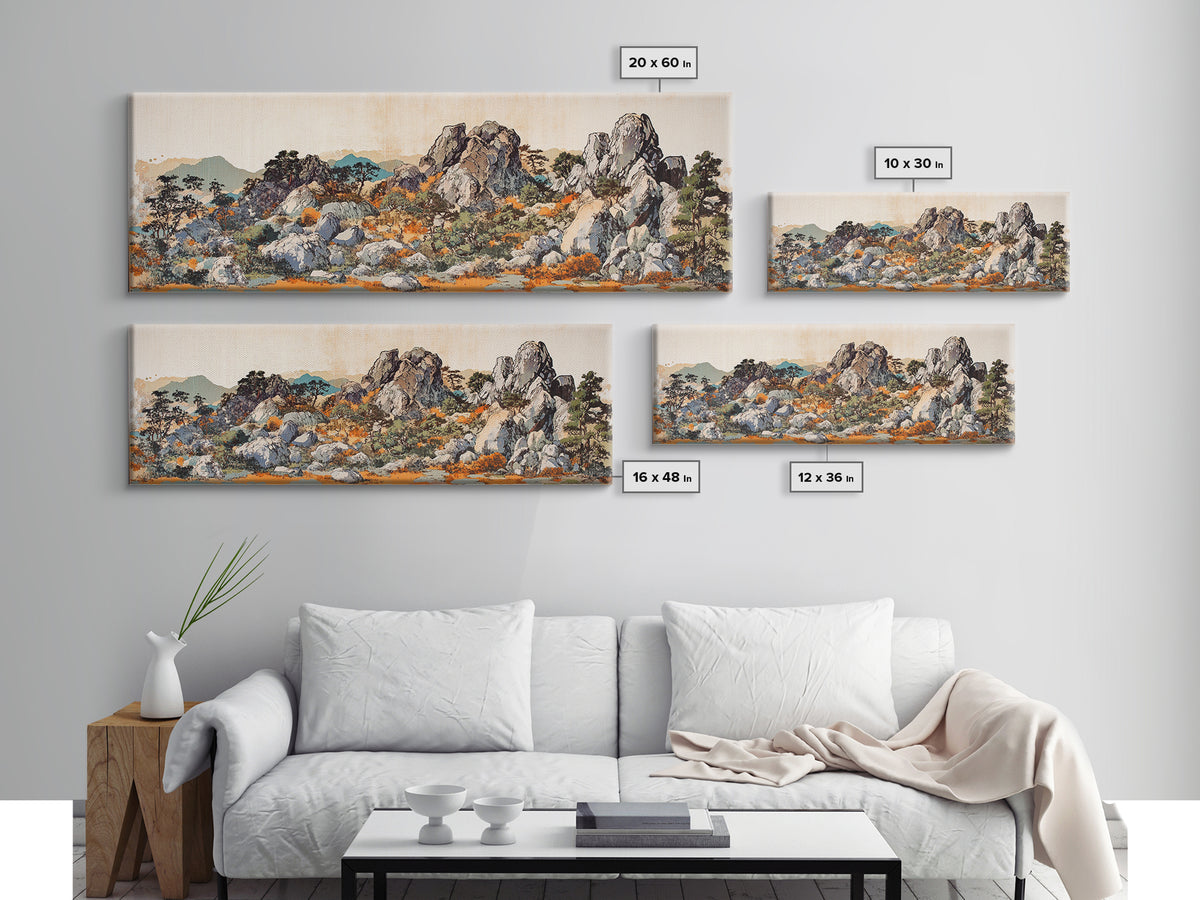 Rock Garden With Pines And Orange Moss Framed Canvas Print, Japanese Landscape Wall Art, Zen Nature Decor, Wide Wall Decor