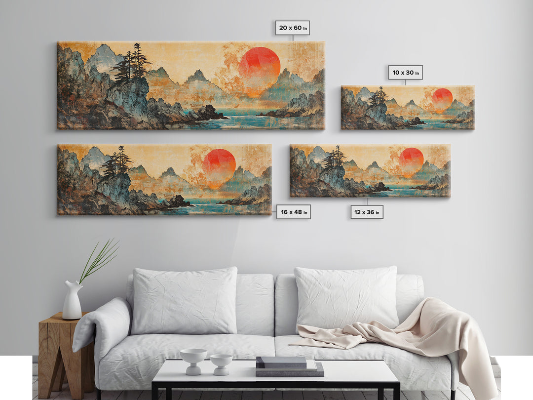 Red Sun Mountain Lake Canvas Print, Japanese Landscape Wall Art, Panoramic Coastal Decor, Large Living Room Art, Above Sofa Art