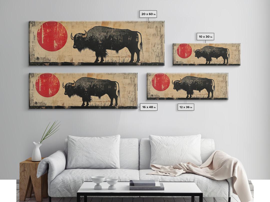 Black Bison Red Sun Framed Canvas Print, Western Wall Art, Rustic Home Decor, Large Horizontal Living Room Art, Gift For Him