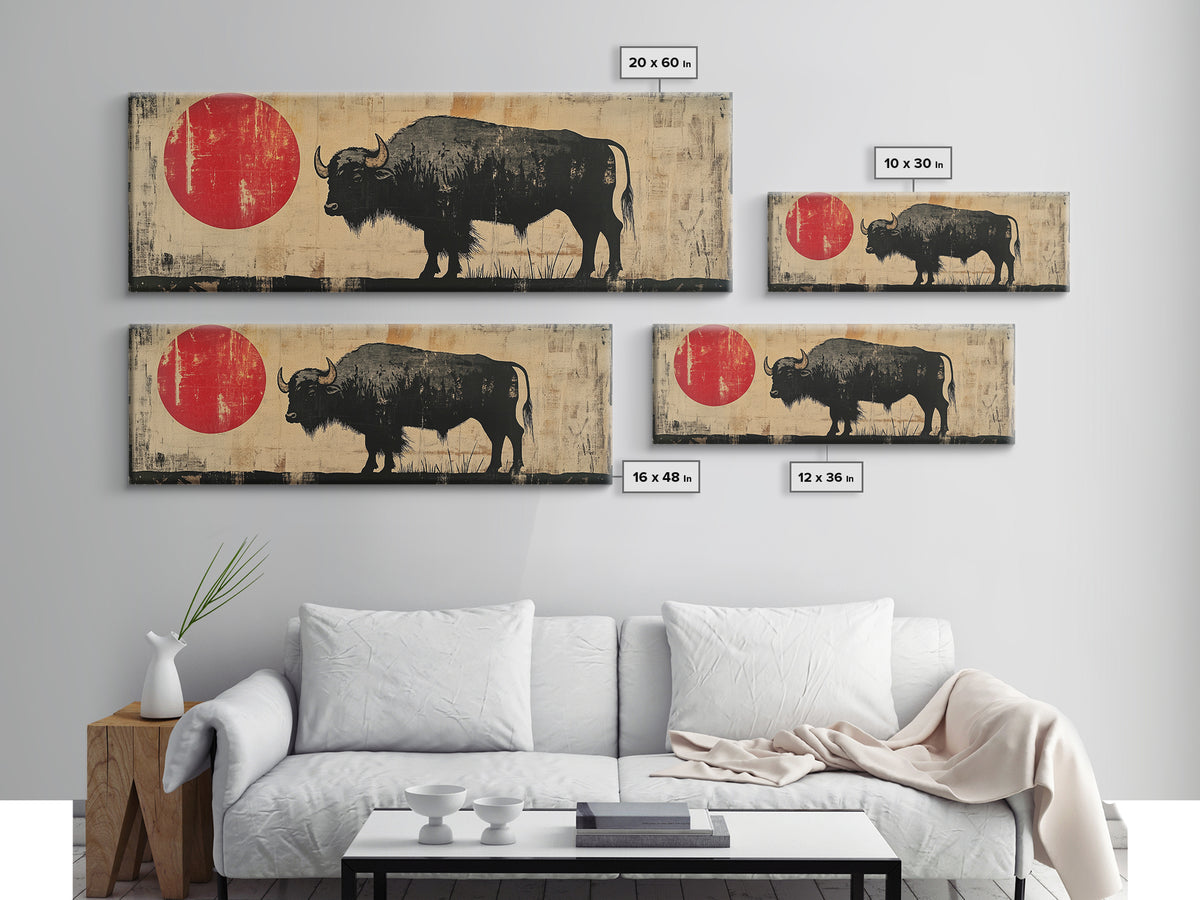 Black Bison Red Sun Framed Canvas Print, Western Wall Art, Rustic Home Decor, Large Horizontal Living Room Art, Gift For Him